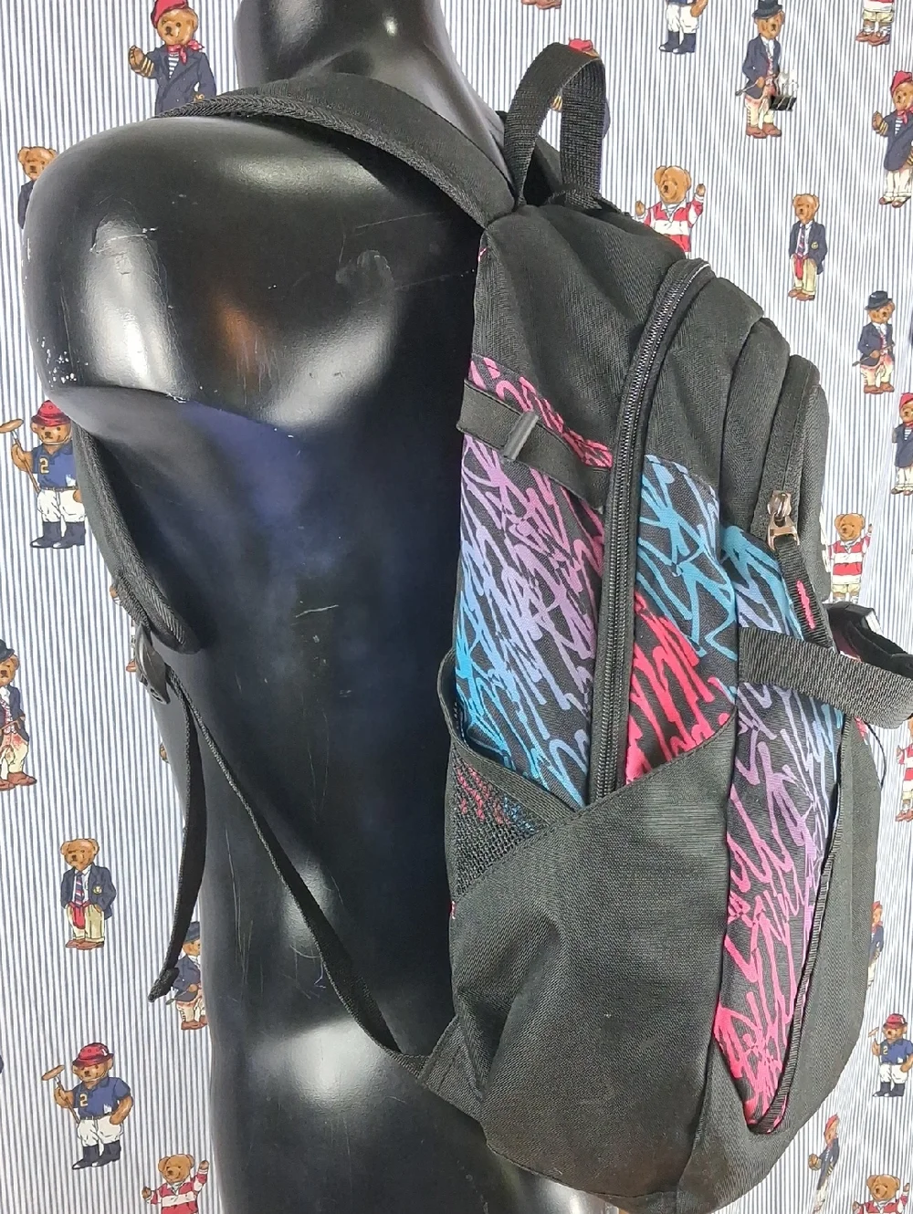 Women's Adidas Logo Multipocket School Campus Black & Neon Backpack Book Bag - Picture 2 of 7